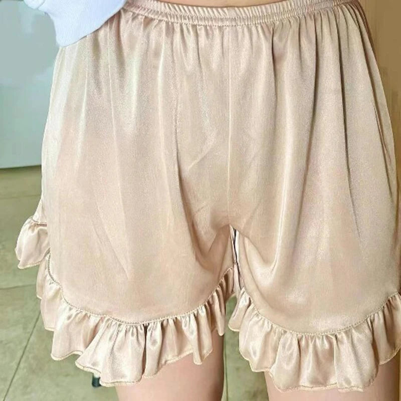 Satin Ice Silk Ruffle Short Pants Women's Summer Loose Home Safety Pants Under Skirt Seamless Sexy Underwear Breath Cool Shorts Champagne