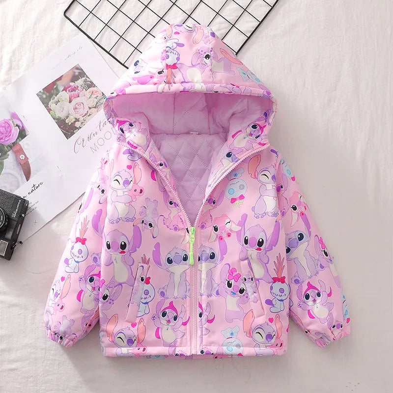 Cute Stitch Jackets For Girls Spring Children Cotton Padded Thickening Hooded Zipper Warm Outerwear Autumn Kids Casual Coats