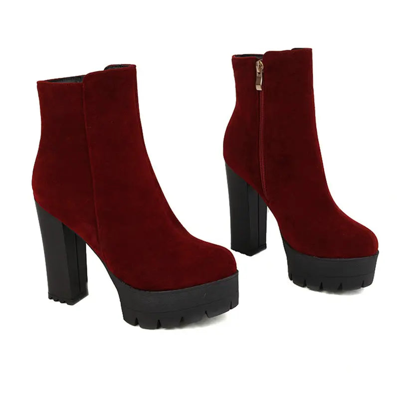 Faux Suede Round Toe High Top Mature Ladies Ankle Boots Platform Block High Heels Zip Up Burgundy Brown Warm Winter Women Shoes