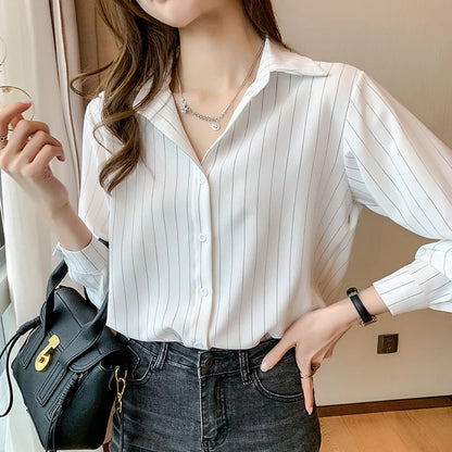 Fashion Woman Blouses 2023 Chiffon Long Sleeve Shirt Tops Woman White Blouse Shirts Striped Top Pretty and Cheap Women's Blouses