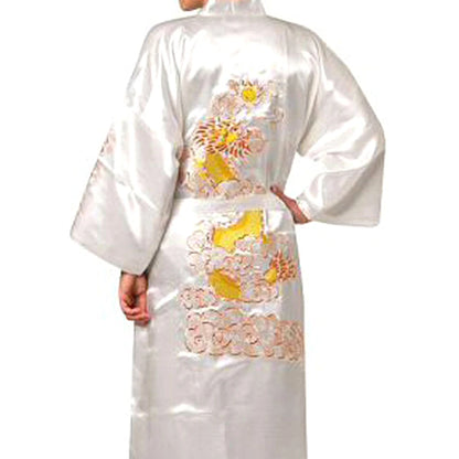 Men's Satin Robes Chinese Style Dragon Embroidery Kimono Silk-like Bathrobe Pajamas Sleepwear Gown Bath Robe