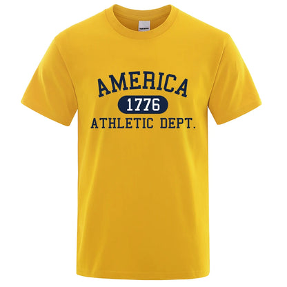 America 1776 Athletic Dept Letter Tshirt Man Fashion Tee Clothes Summer Luxury T-Shirt Hip Hop Breathable Cotton Tee Clothes Yellow