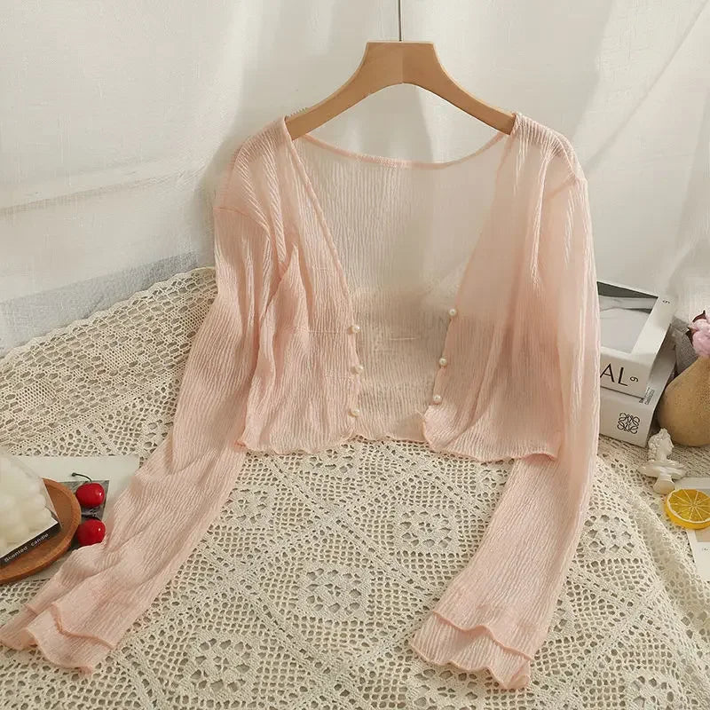 Fairy Style Solid Cardigan Women Summer New Long Sleeve Sunscreen Sweet Beading V-neck Basics Loose Chiffon Cardigan Pink 40-72kg CHINA