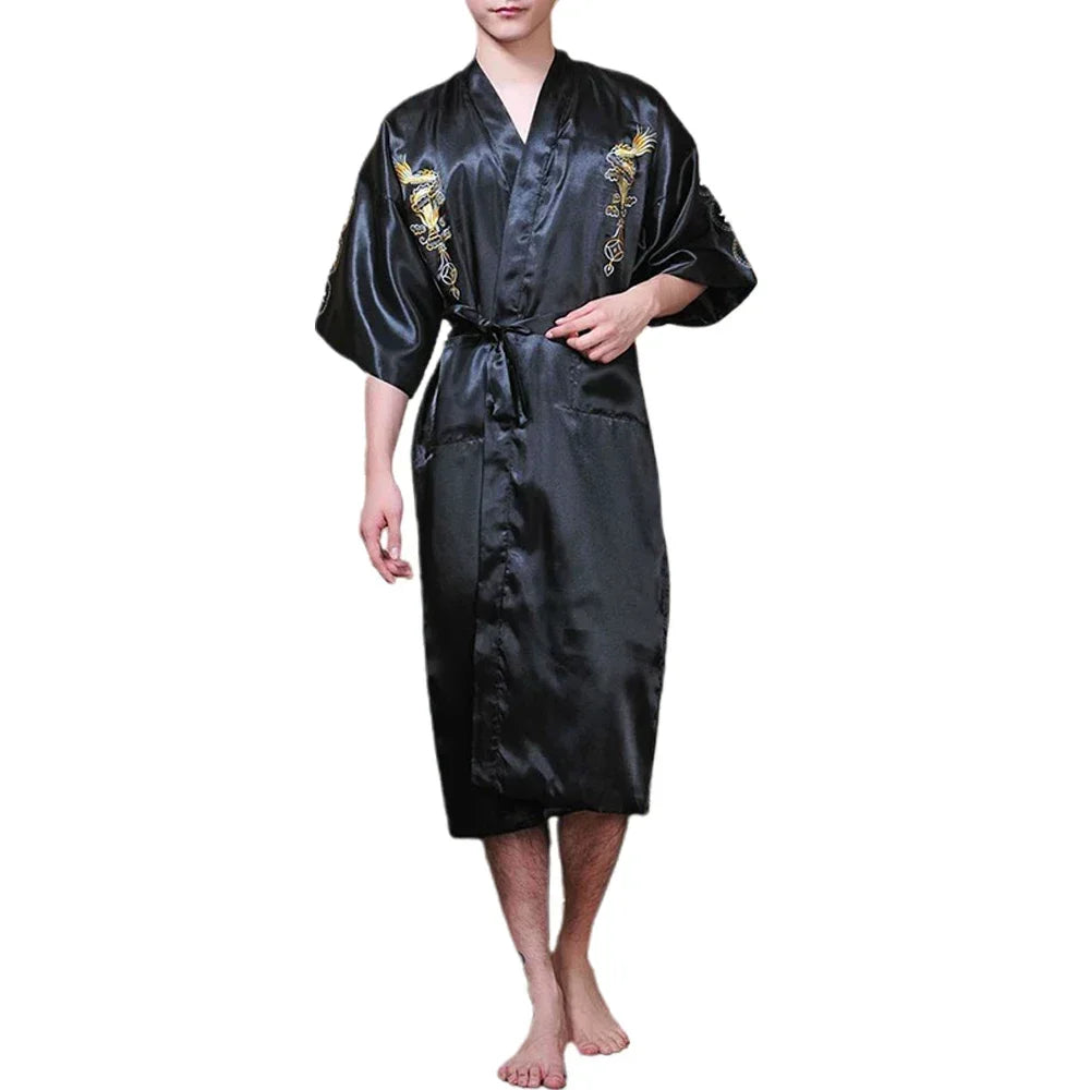 Men's Satin Robes Chinese Style Dragon Embroidery Kimono Silk-like Bathrobe Pajamas Sleepwear Gown Bath Robe