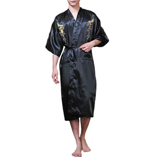 Men's Satin Robes Chinese Style Dragon Embroidery Kimono Silk-like Bathrobe Pajamas Sleepwear Gown Bath Robe