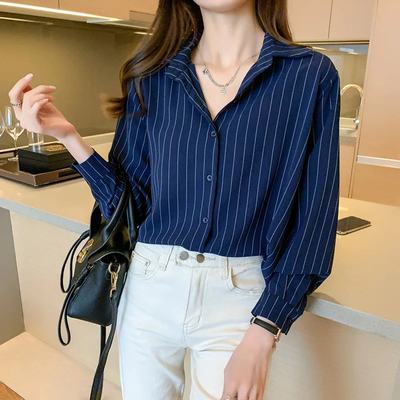 Fashion Woman Blouses 2023 Chiffon Long Sleeve Shirt Tops Woman White Blouse Shirts Striped Top Pretty and Cheap Women's Blouses