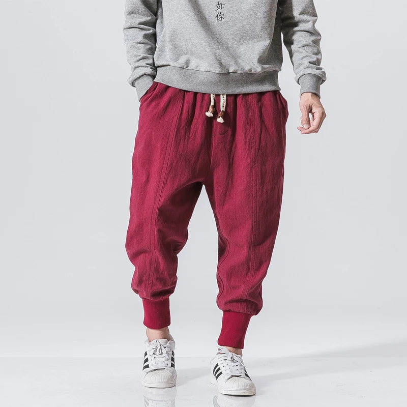 2023 Spring oversize casual pants men streetwear cotton linen harajuku joggers fashion baggy harem pants for man A11 Red CHINA