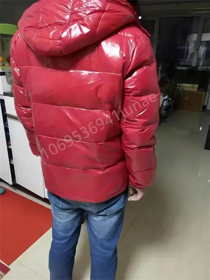 2025  New Winter Bright  Down Jacket  Men Fashion Casual Coat Shiny Hooded Youth Women Thick Warm Glossy Duck Zipper Male White