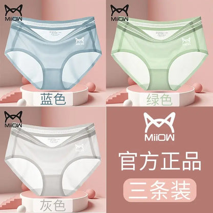 Cat Man 3/4 Ice Silk Women's Underwear Women's Antibacterial Cotton Crotch Adult Traceless Mid rise Silk Slippery New Briefs 3 piecesF 3pcs