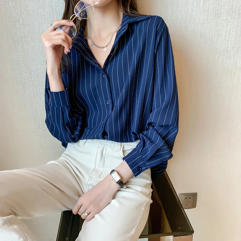 Fashion Woman Blouses 2023 Chiffon Long Sleeve Shirt Tops Woman White Blouse Shirts Striped Top Pretty and Cheap Women's Blouses