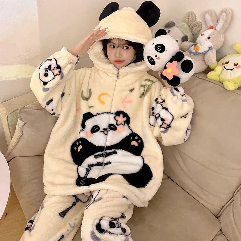 Sanrio Cartoon Hello Kitty Pajamas Female Flannel autumn Winter New Plus Thicken Velvet Sweet Keep Warm Pajamas set leisure wear