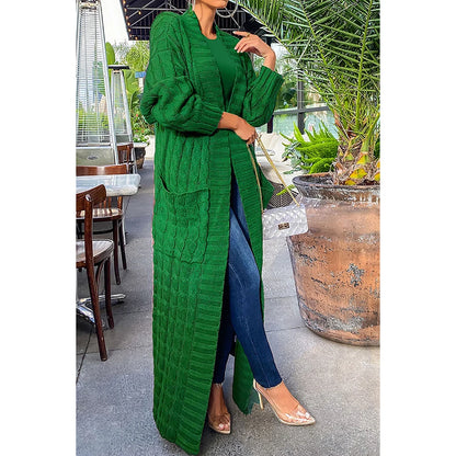 Plus Size Casual Green Cardigans Long Sleeve With Pockets Knit Long Sweater