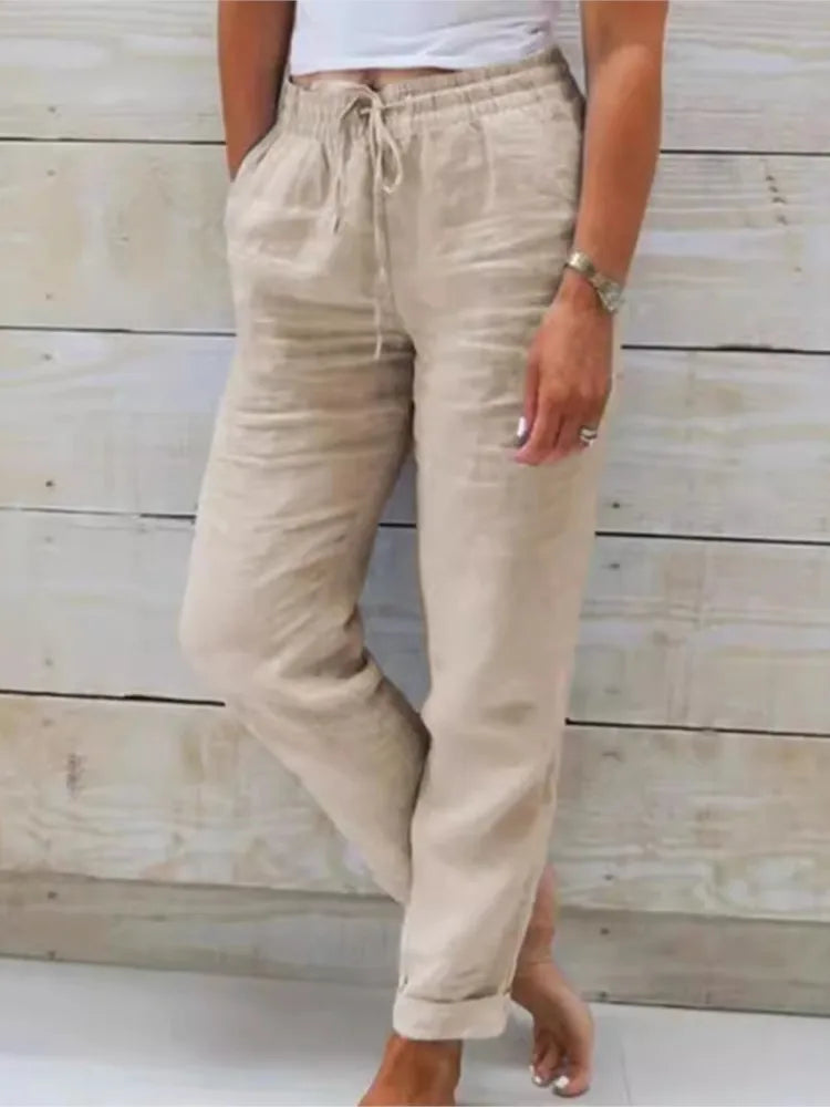 Women's High Waist Solid Color Cotton Linen Casual Pants Fashion Summer Female Holiday Casual Long Pant New 2024