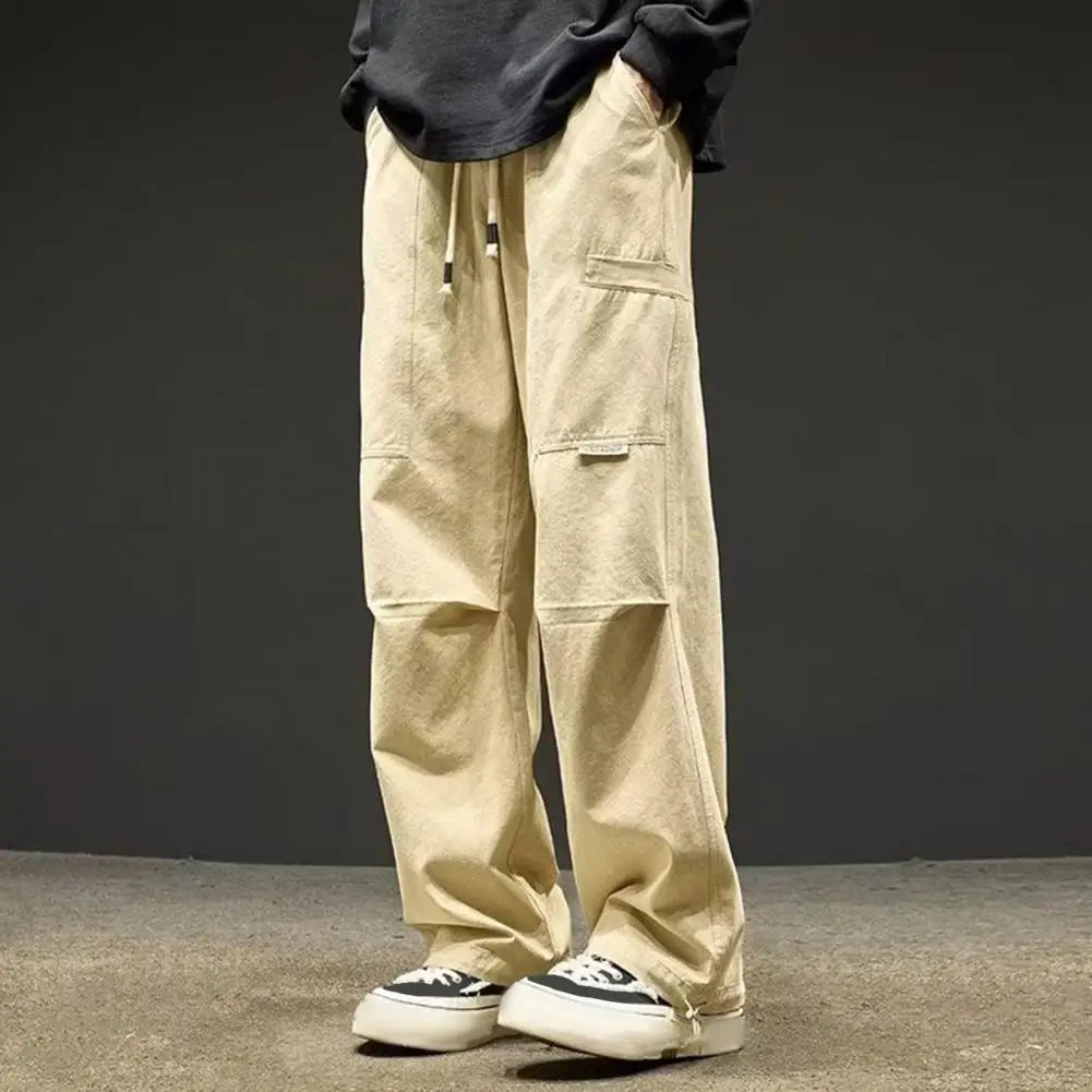 Adjustable Drawstring Trousers Streetwear Cargo Pants with Multi Pockets Elastic Waist for Fall Spring Wide Leg Loose for Hop