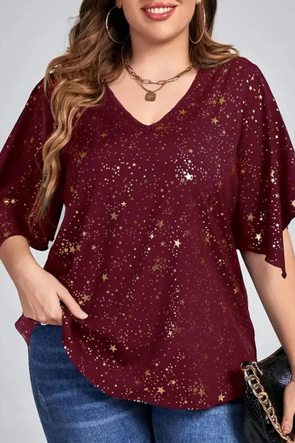 Flycurvy Plus Size Summer Casual Tops Christmas Burgundy Sparkly Bronzing Print V Neck Half Sleeve Blouse