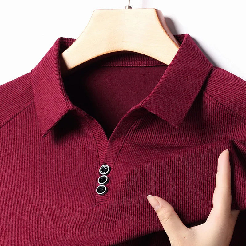 Long Sleeve Polo Shirt for Men Casual Solid Button Collar Autumn Fashion Polo T-shirt Spring Luxury Male Korean Style Clothing Red