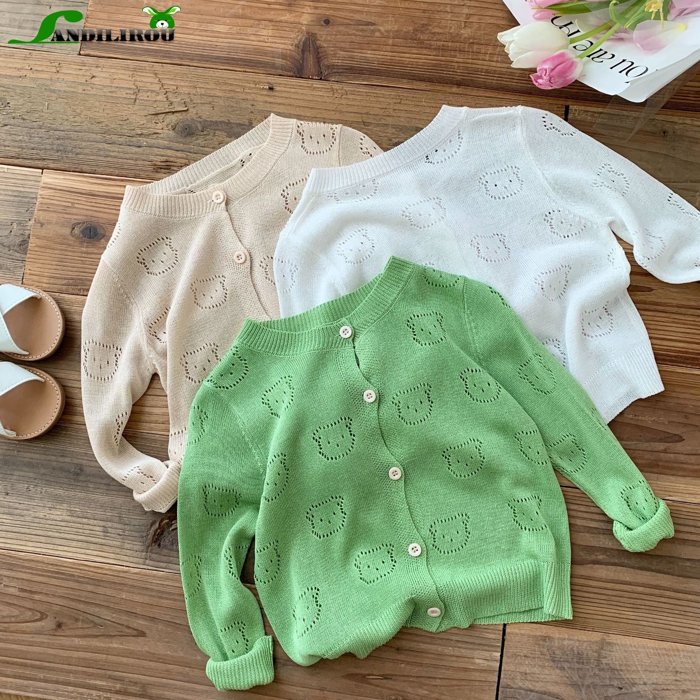 Simple Fashion Kid Air-Conditioned Cardigan: Solid Color Knitted Tops Hollow-Out Bear Sweater Coat Children Baby Boys Girls 0-6Y