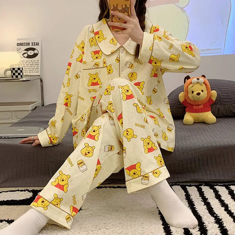 Elegant Winnie The Pooh Bear Cute Pajamas Women Spring Autumn Long Sleeve Sleepwear Fashion Kawaii Loose Cartoon Home Clothes Y2k