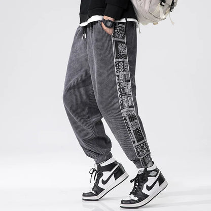 DUYIT Chinese Style Printed Stitching Corduroy Men's Casual Pants Autumn/Winter New Elastic Waist Small Feet Sweatpants