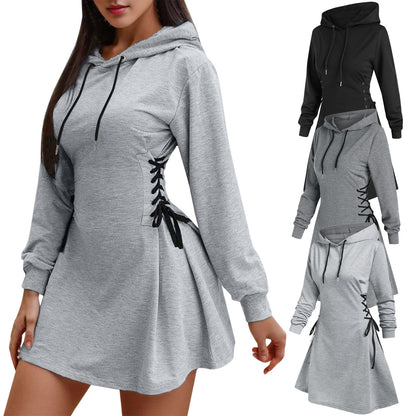 Women Tie Waist Mini Dress Hoodies V Neck Long Sleeves Slim Fit Hoodies Sweatshirts Ladies Fashion Long Solid Drawstring Hoodies