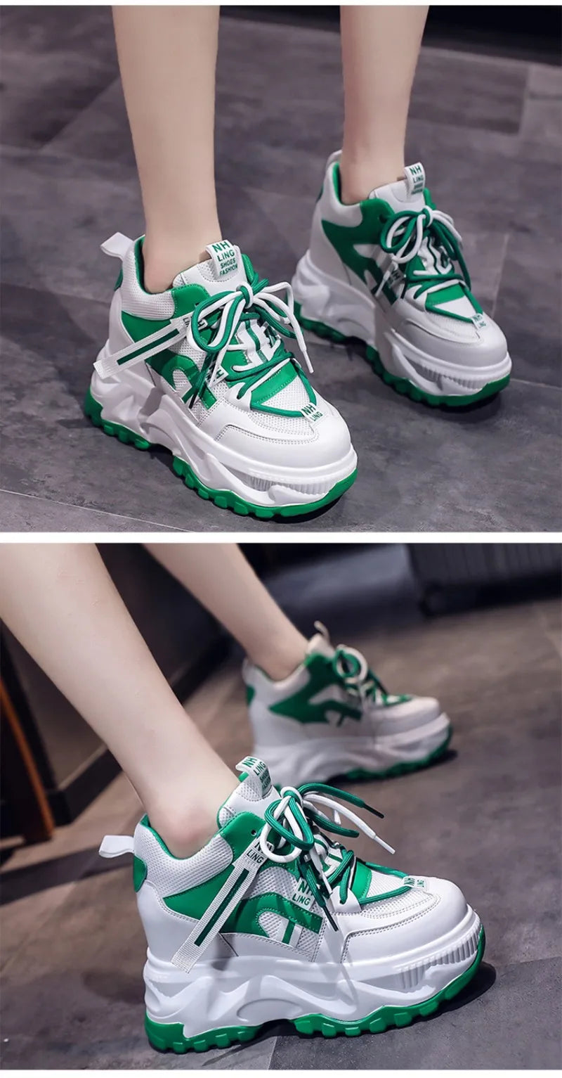 Fashion Flower Embroidered Mesh Breathable Ladies Wedge Platform Sneakers High Heels Lace-Up Shoes Comfortable Height Increasing