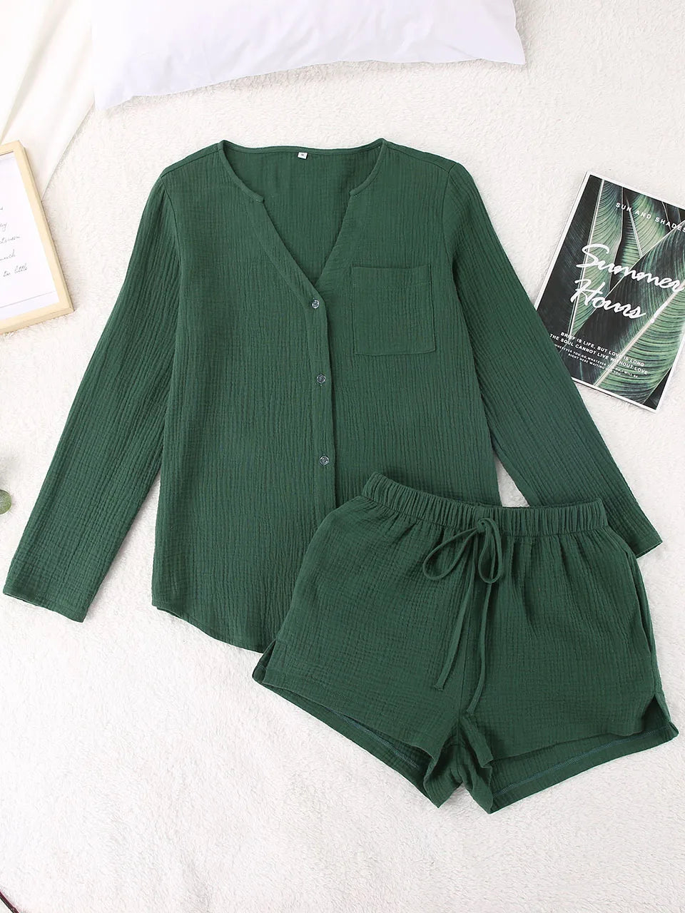 100% Cotton Autumn Sleepwear Suits With Shorts Pyjamas Pocket Nightwear Single Breasted Women's Nightgown Full Sleeve Women Pajama Green