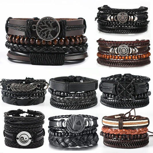 4Pcs/ Set Braided Wrap Leather Bracelets For Men Vintage Life Tree Rudder Charm Wood Beads Ethnic Tribal Wristbands