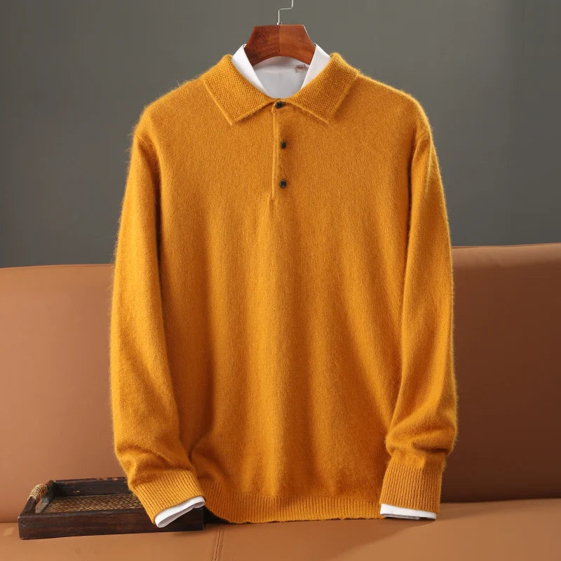 Men's Shirt 100% Mink Cashmere Sweater Casual Business POLO Collar Pullover Autumn Winter Warm Knit Base Shirt Men's Clothing