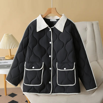 Plus Size Women Parka Autumn/Winter Wear Fashion Loose Thin Gourd Shaped Quilted Block Color Collar cotton-padded Coat 2240