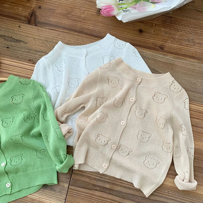 Simple Fashion Kid Air-Conditioned Cardigan: Solid Color Knitted Tops Hollow-Out Bear Sweater Coat Children Baby Boys Girls 0-6Y