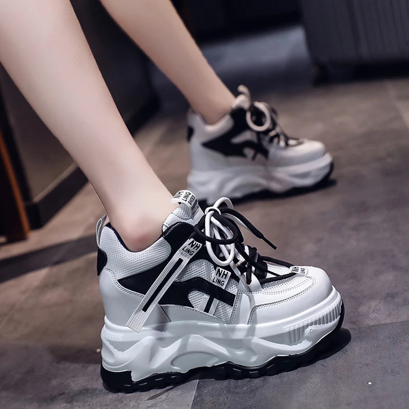 Fashion Flower Embroidered Mesh Breathable Ladies Wedge Platform Sneakers High Heels Lace-Up Shoes Comfortable Height Increasing