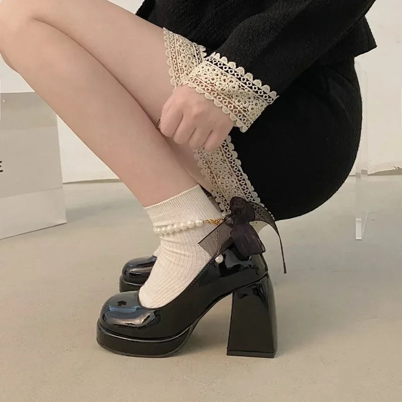 Women's Spring and Autumn New Vintage Pearl Bow Mary Jane Shoes Thick Heels Sweet High Heels Single Shoes