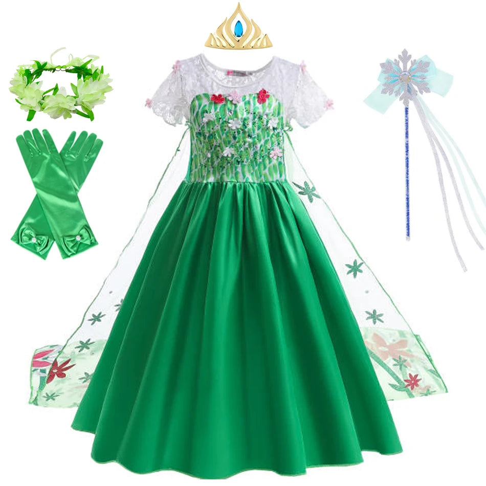 Elsa Dress Girl Princess Dress Cosplay Costume Dresses Baby Kids Clothes Fantasia Vestidos Green For Children