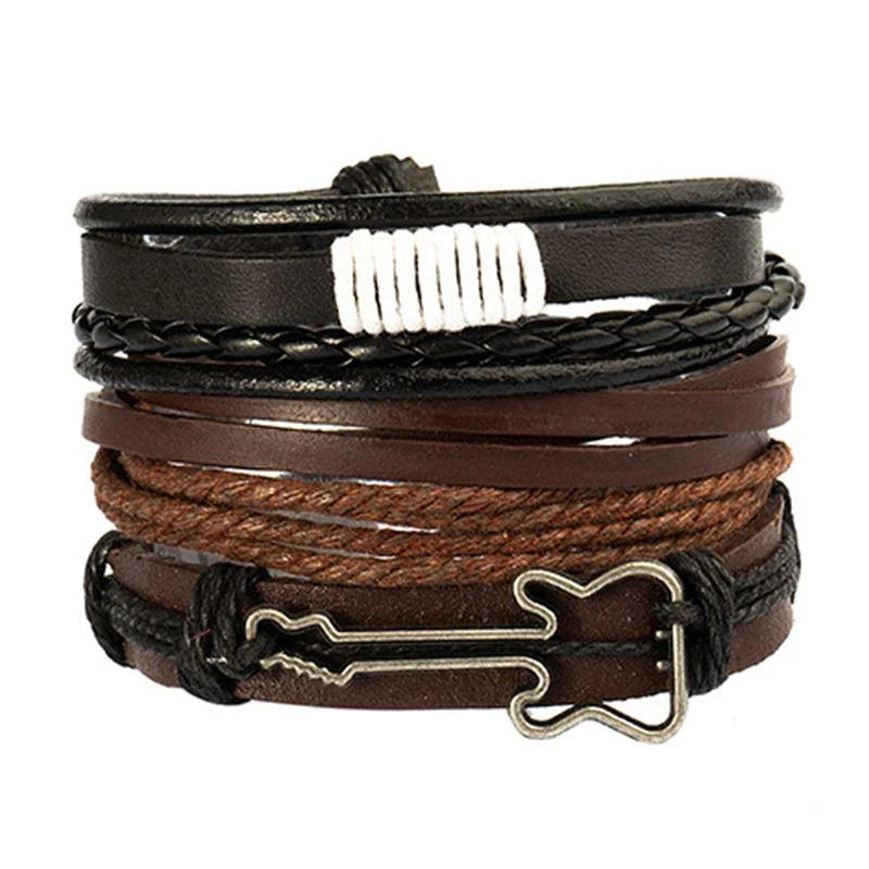 4Pcs/ Set Braided Wrap Leather Bracelets For Men Vintage Life Tree Rudder Charm Wood Beads Ethnic Tribal Wristbands 18