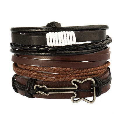 4Pcs/ Set Braided Wrap Leather Bracelets For Men Vintage Life Tree Rudder Charm Wood Beads Ethnic Tribal Wristbands 18