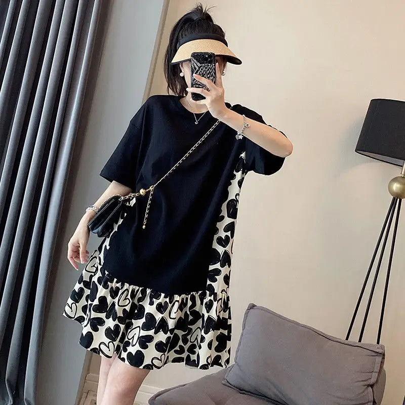 Solid Color Thin Summer Casual Loose Dresses Korean Simplicity O-neck Short Sleeve Fashion Pleated Patchwork Women's Clothing Black Dress