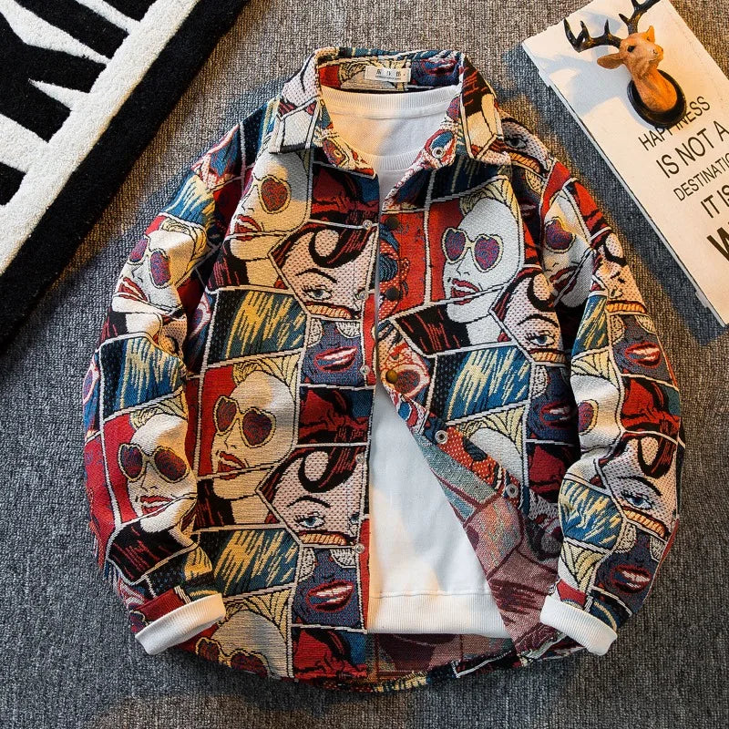 Men's Clothes American Vintage Oil Painting Shirt Embroidered Flower Men's Long Sleeved Shirt Men Shirts Art Student Casual Coat