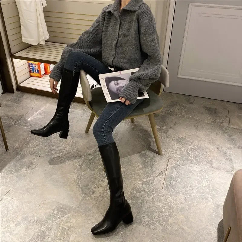 Women Warm Long Boots Woman Knee High Booties Ladies Shoes Platform Thick Heel PU Leather Soft Zipper Woman Fashion Winter 2023