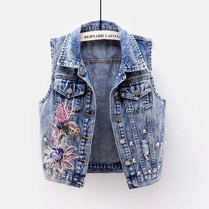 2024 Student Vest Slim Short Jacket Embroidery Flowers Sleeveless Denim Vest Women's Beaded Waistcoat Hole Jeans Vest Coat Girl