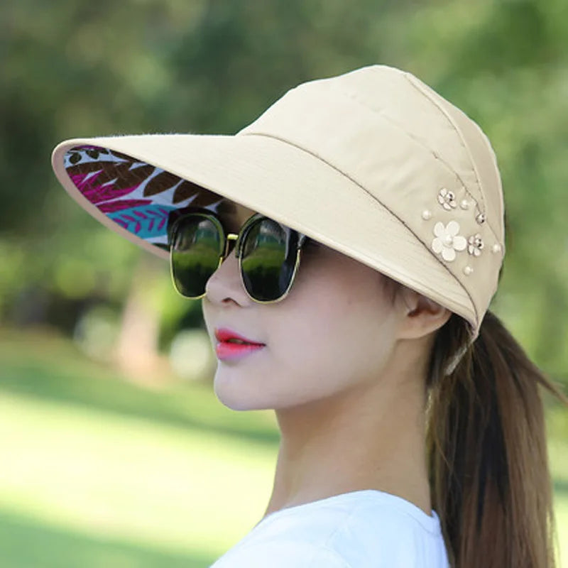 Summer Hats for Women Foldable Sun Hat Pearl Flower Visor Suncreen Floppy Cap Female Outdoor Casual Baseball Cap Hat for Woman beige