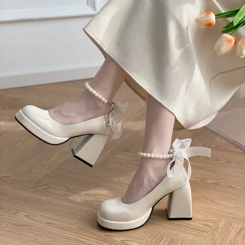 Women's Spring and Autumn New Vintage Pearl Bow Mary Jane Shoes Thick Heels Sweet High Heels Single Shoes