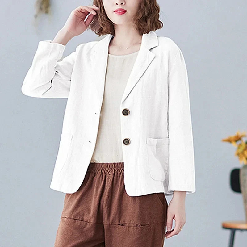 2023 Spring Summer Short Coat Cotton And linen Blazer Suit Collar Jacket Women's Casual Solid Color 3/4 Sleeves Shirt Cardigan White