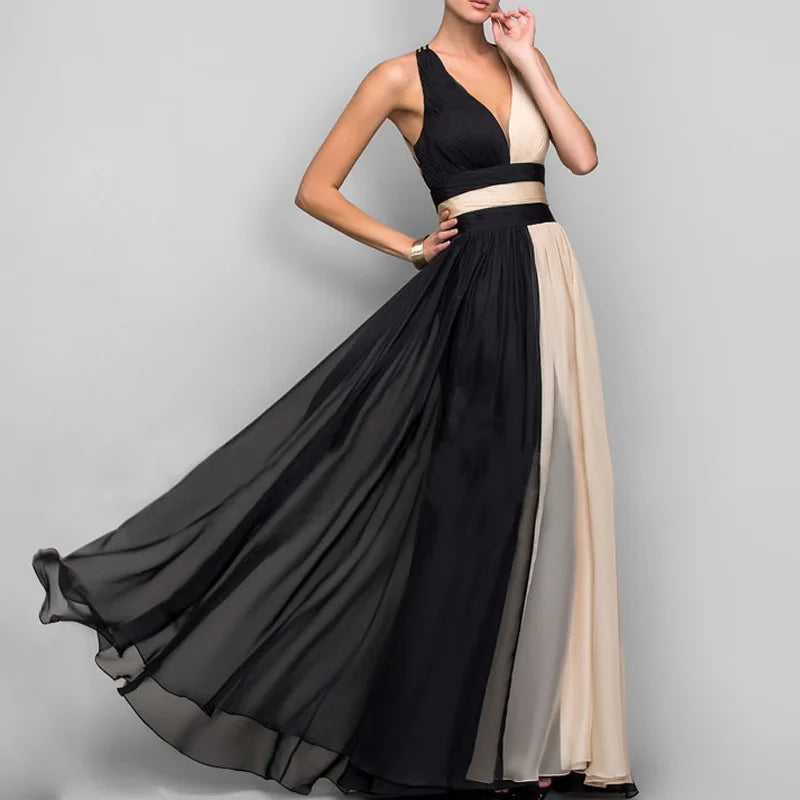 Party Dress Lady Chic Sleeveless Pleated Long Dress Elegant High Waist Evening Maxi Dress Women Fashion Gradient Patchwork Black