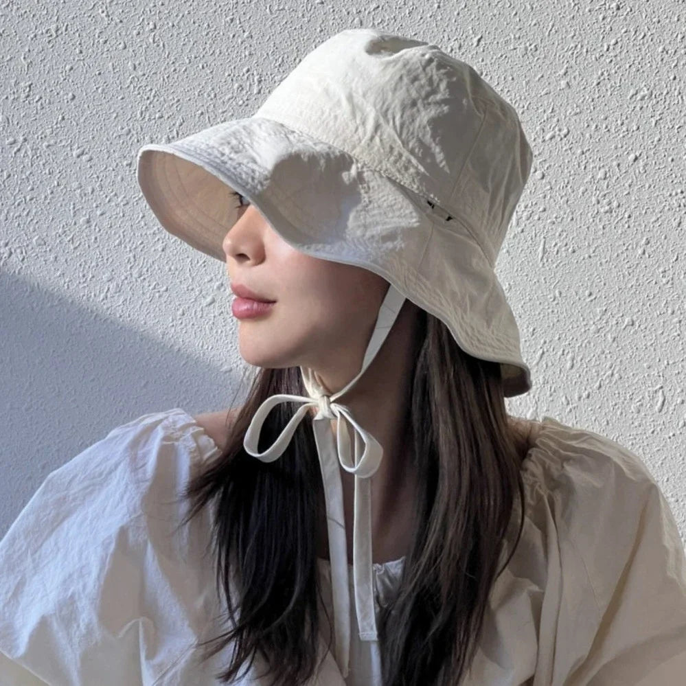 Korean Ins Lace-up Fisherman Hat Women Ins Blogger Lightweight Windbreak Windproof Rope Sunshade Basin Hat Sun Bucket Hat