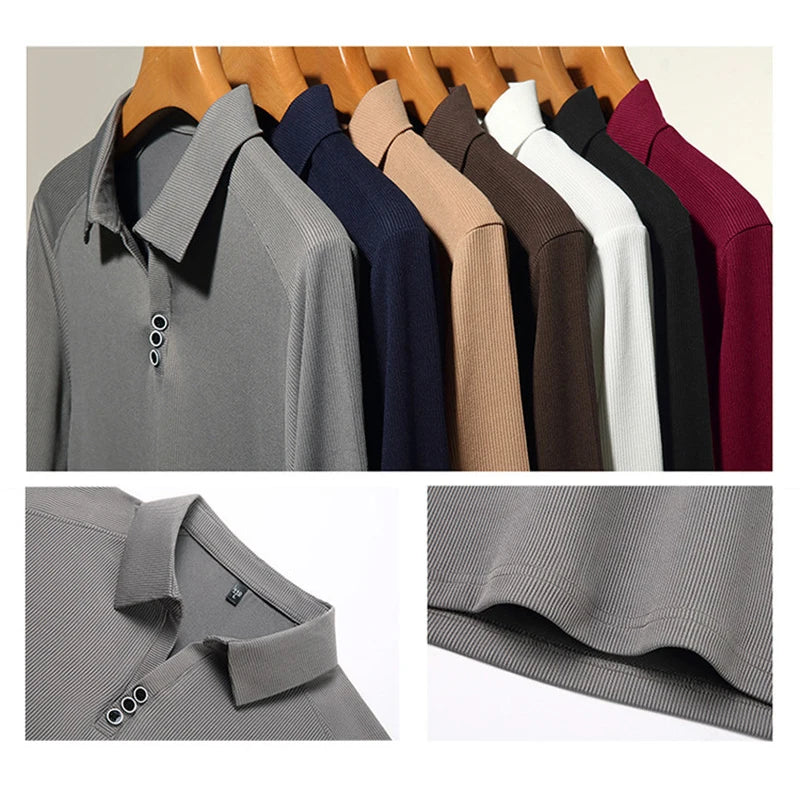 Long Sleeve Polo Shirt for Men Casual Solid Button Collar Autumn Fashion Polo T-shirt Spring Luxury Male Korean Style Clothing