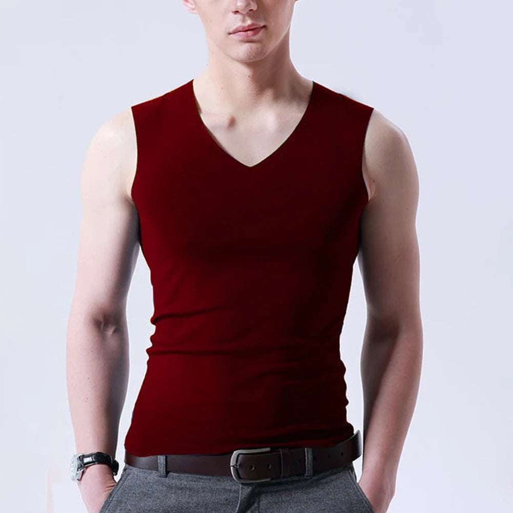 Basic Men's Ice Silk Sleeveless Tanks Top Vest Solid Color V-Neck Undershirt Muscle Vests T Shirt For Men Tee Male Clothing Wine Red CHINA