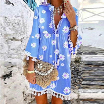 Women Vintage Print V Neck Tassel Mini Dress Casual Loose Three Quarter Sleeve Beach Dress 2024 Spring Summer Party Dress Femme 06