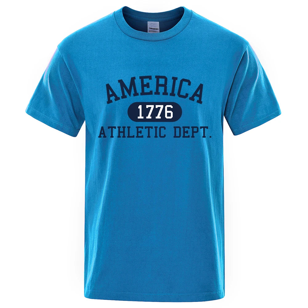 America 1776 Athletic Dept Letter Tshirt Man Fashion Tee Clothes Summer Luxury T-Shirt Hip Hop Breathable Cotton Tee Clothes Light Blue