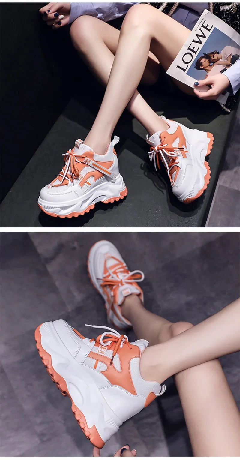 Fashion Flower Embroidered Mesh Breathable Ladies Wedge Platform Sneakers High Heels Lace-Up Shoes Comfortable Height Increasing