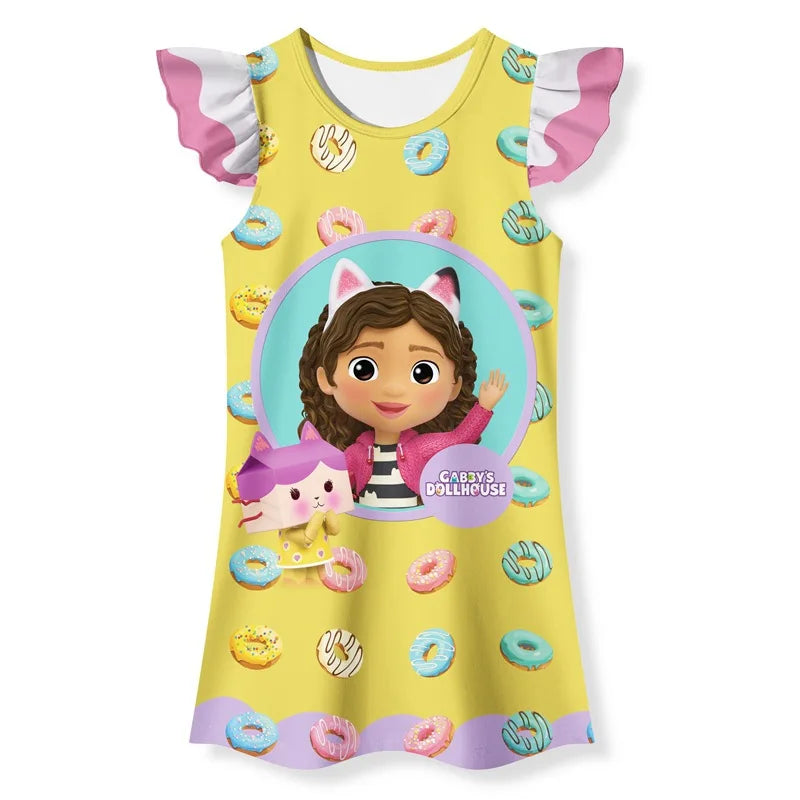 Gabby's Dollhouse Clothes Baby Girls Short Sleeve Pajamas Dress Kids Cartoon Gabby Cats Nightgown Child Party Princess Vestidos color at picture 2